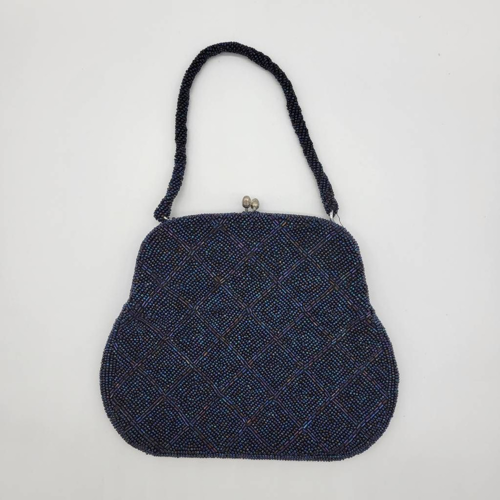 Womens Shoulder Bag Purse Blue Geometric Clasp Beaded Top Handle Vintage S